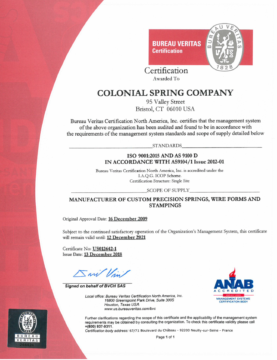 Colonial Spring ISO Certification Colonial Spring Co